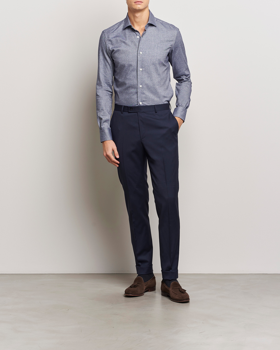 Hombres | Camisas | Mazzarelli | Soft Flannel Cut Away Shirt Dark Blue