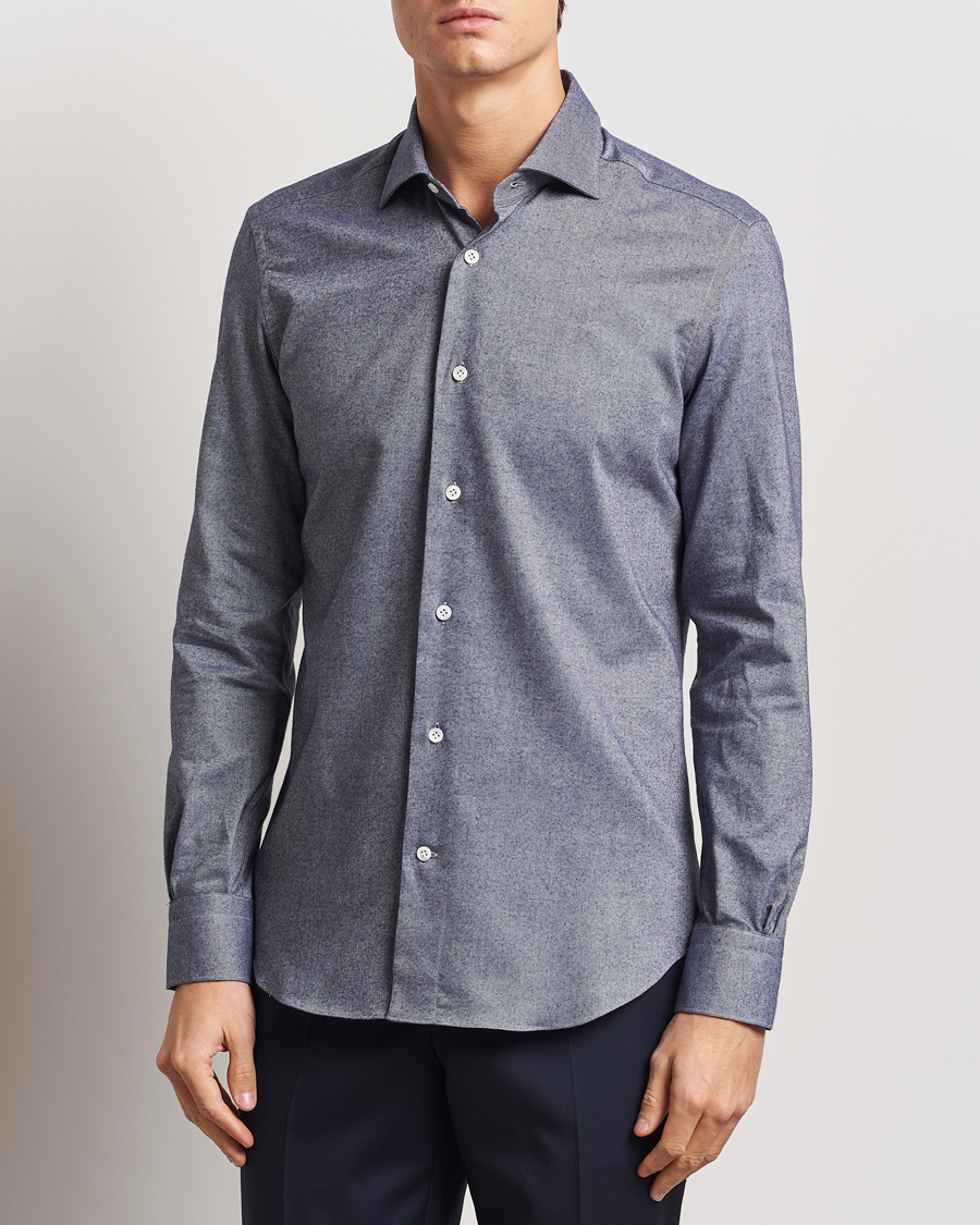 Hombres | Camisas | Mazzarelli | Soft Flannel Cut Away Shirt Dark Blue