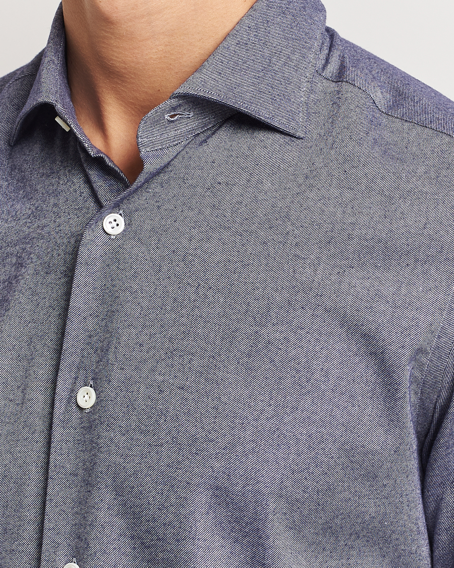 Hombres | Camisas | Mazzarelli | Soft Flannel Cut Away Shirt Dark Blue