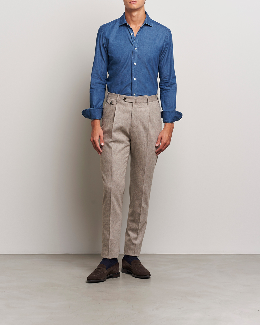 Hombres | Camisas | Mazzarelli | Soft Cotton Denim Shirt Stone Wash
