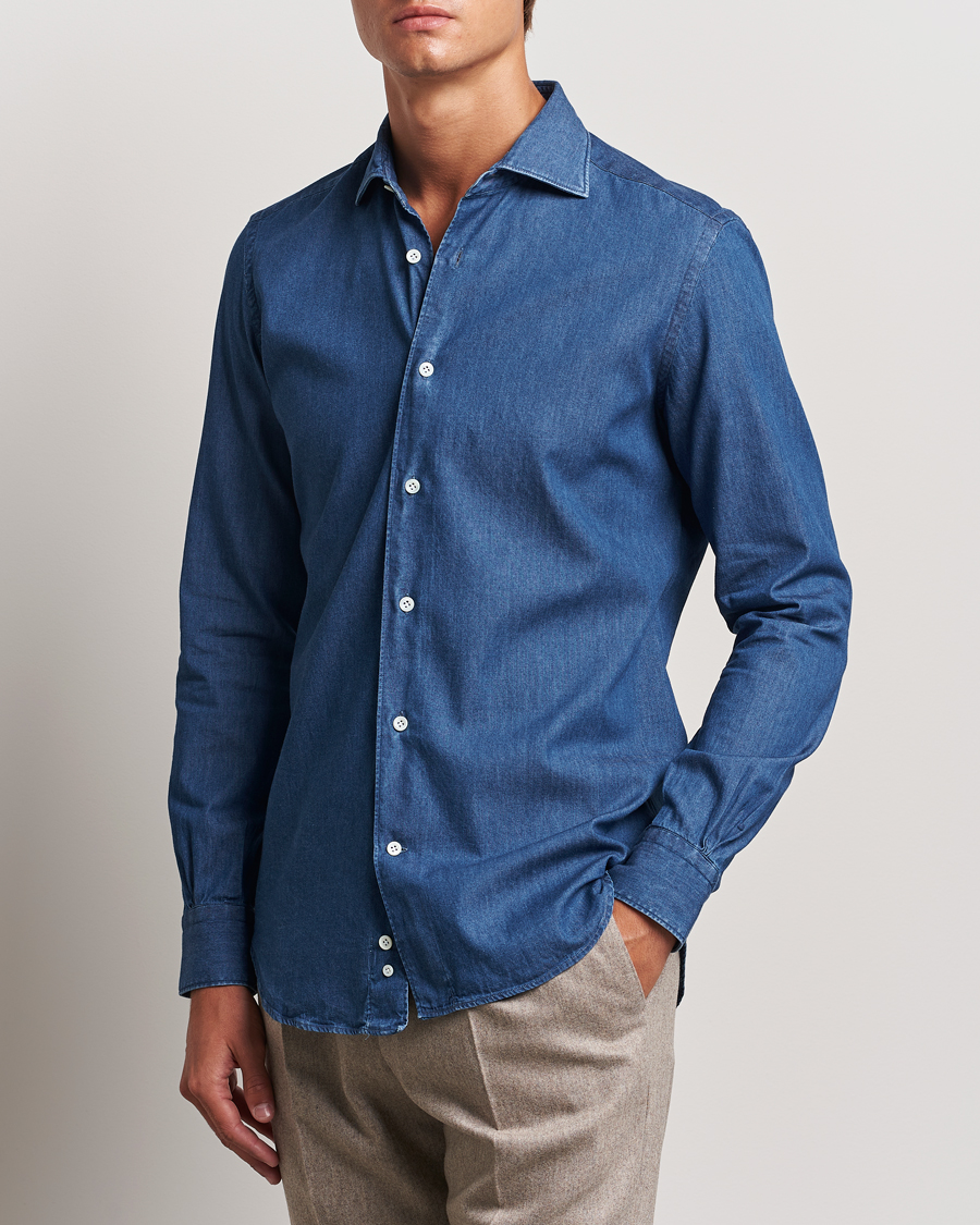 Hombres | Camisas | Mazzarelli | Soft Cotton Denim Shirt Stone Wash