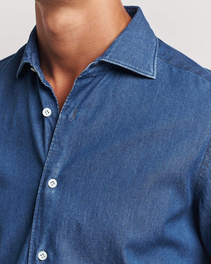 Hombres | Camisas | Mazzarelli | Soft Cotton Denim Shirt Stone Wash