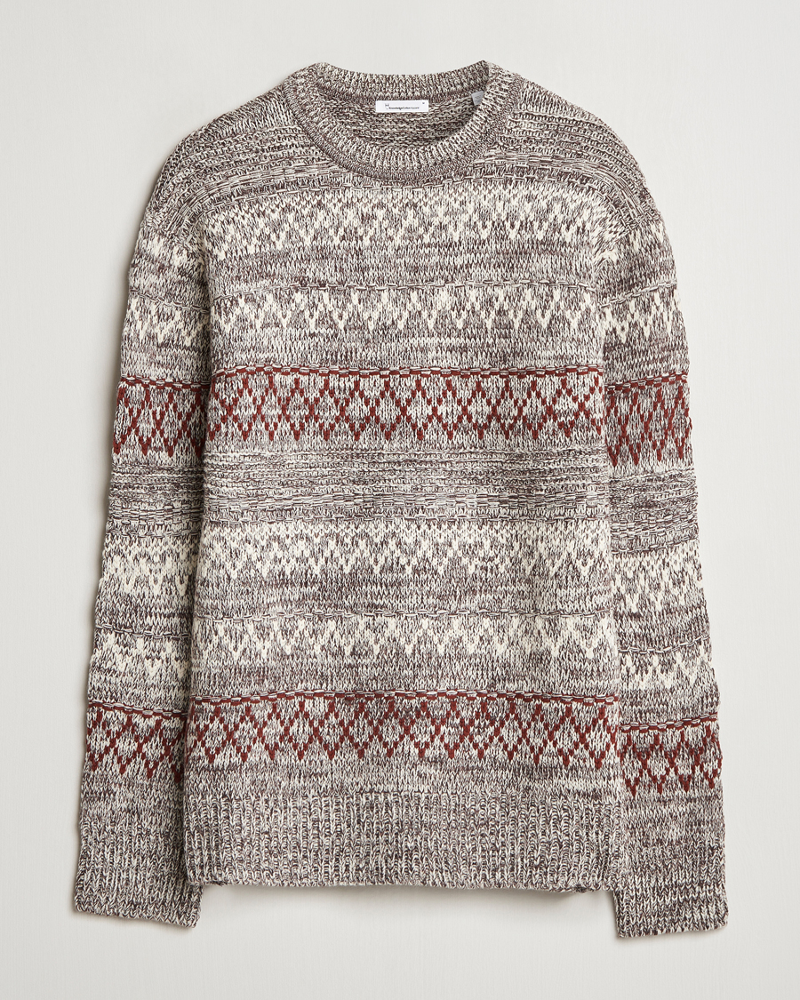 Hombres | Jerséis y prendas de punto | KnowledgeCotton Apparel | Knitted Pattern Lambswool Crewneck Brown