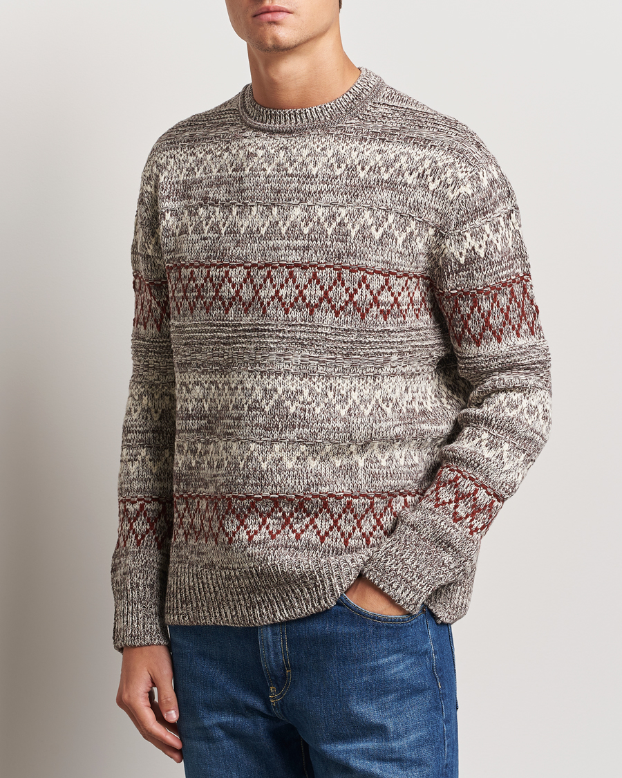 Hombres | Jerséis y prendas de punto | KnowledgeCotton Apparel | Knitted Pattern Lambswool Crewneck Brown