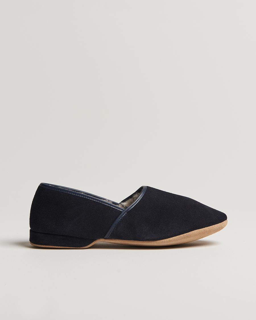 Hombres | Sandalias y chanclas | Derek Rose | Crawford Sheepskin Suede Slippers Navy