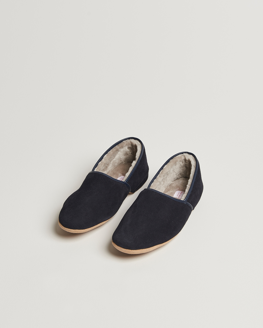 Hombres | Sandalias y chanclas | Derek Rose | Crawford Sheepskin Suede Slippers Navy