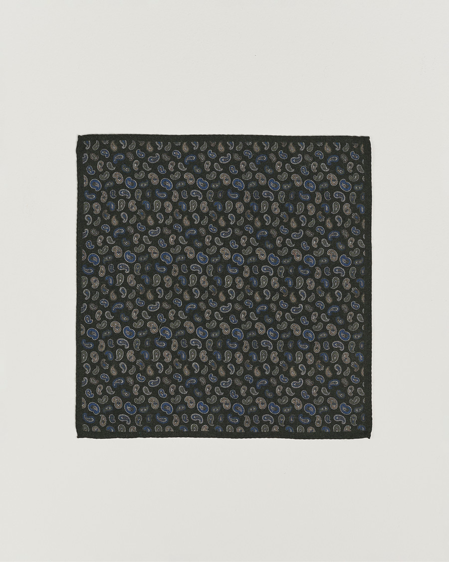 Hombres | Amanda Christensen Wool Flannel Printed Paisley Pocket Square Dark Olive | Amanda Christensen | Wool Flannel Printed Paisley Pocket Square Dark Olive