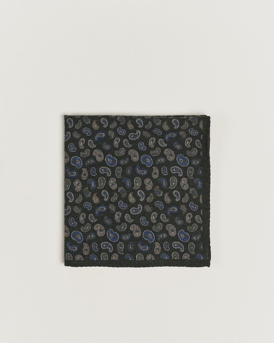 Hombres | Amanda Christensen Wool Flannel Printed Paisley Pocket Square Dark Olive | Amanda Christensen | Wool Flannel Printed Paisley Pocket Square Dark Olive