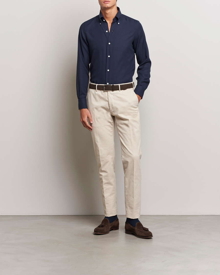 Hombres | Camisas | Finamore Napoli | Milano Slim Cashmere BD Shirt Navy