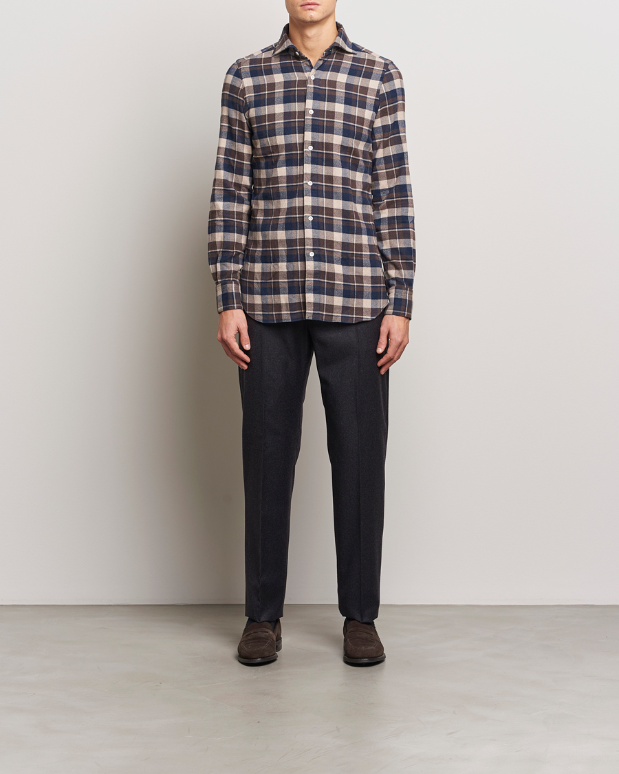Hombres | Camisas | Finamore Napoli | Gaeta Flannel Shirt Navy Check