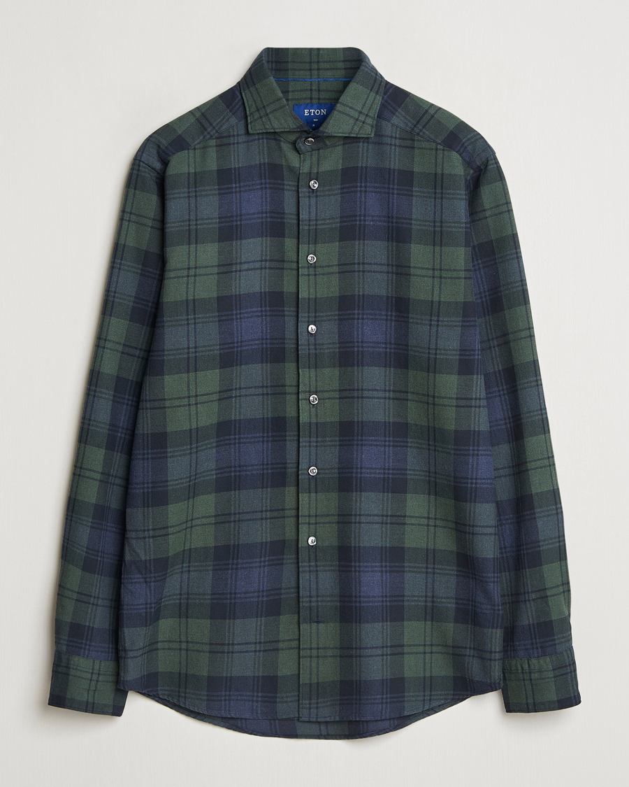 Hombres | Camisas | Eton | Slim Fit Checked Flannel Shirt Dark Green