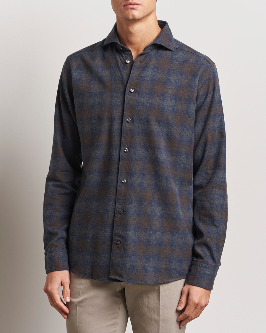 Hombres | Camisas | Eton | Slim Fit Checked Flannel Shirt Navy Blue