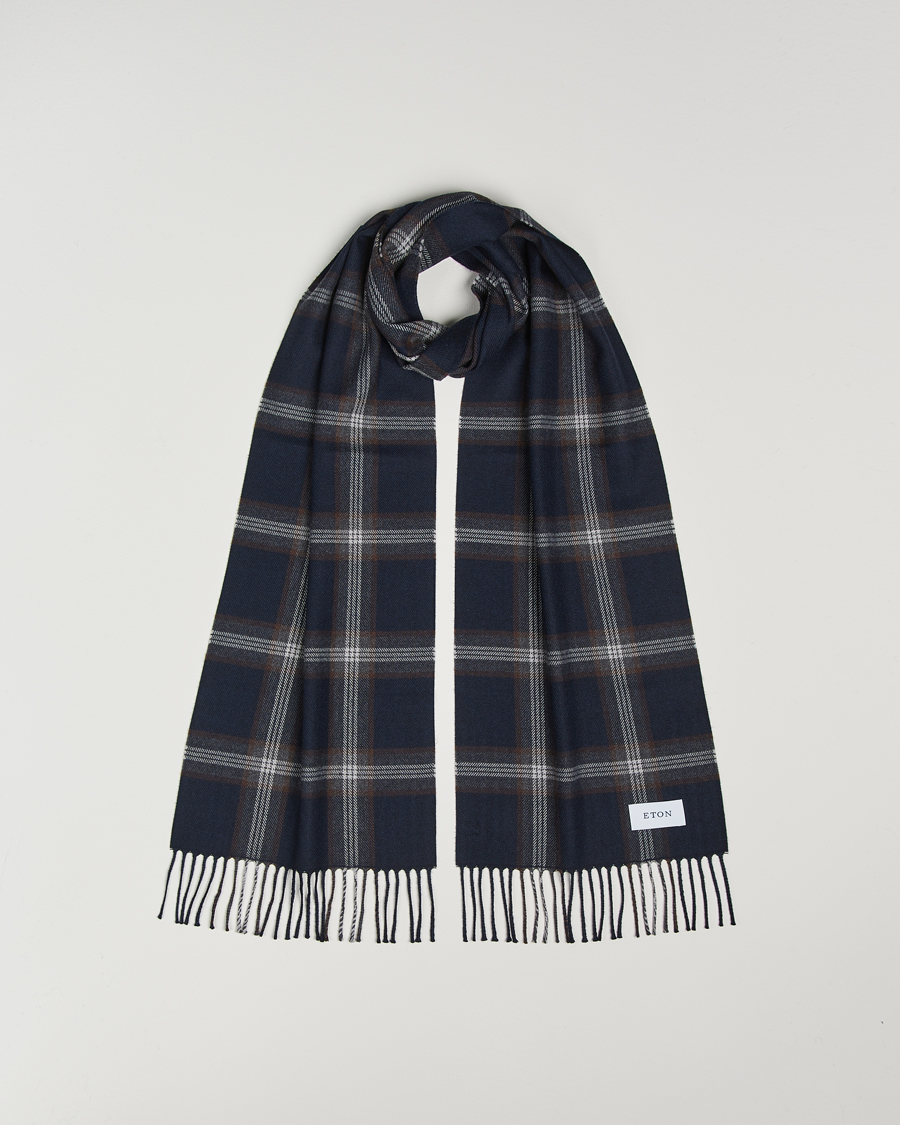 Hombres | Eton Merino Wool Checked Scarf Navy Blue | Eton | Merino Wool Checked Scarf Navy Blue