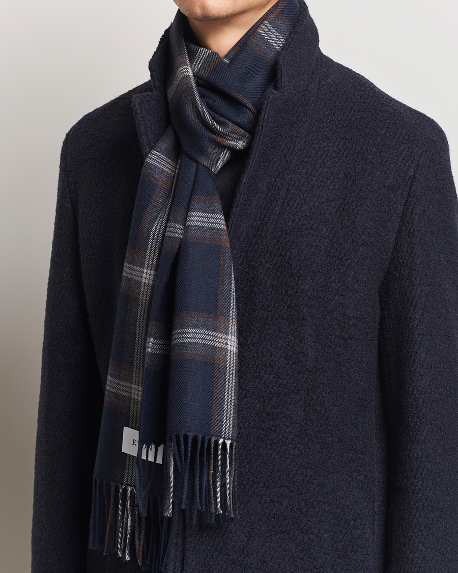 Hombres | Eton Merino Wool Checked Scarf Navy Blue | Eton | Merino Wool Checked Scarf Navy Blue
