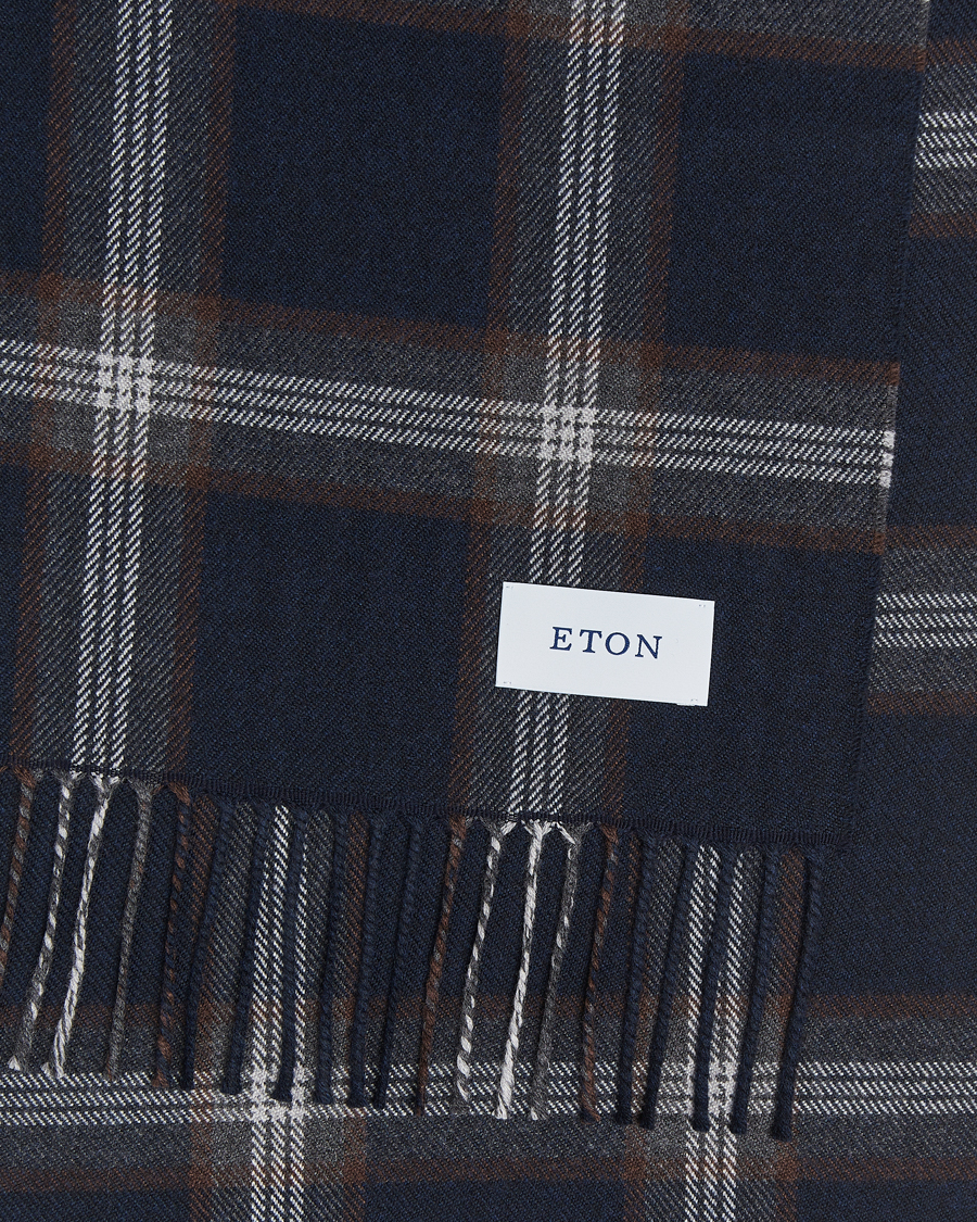 Hombres | Eton Merino Wool Checked Scarf Navy Blue | Eton | Merino Wool Checked Scarf Navy Blue