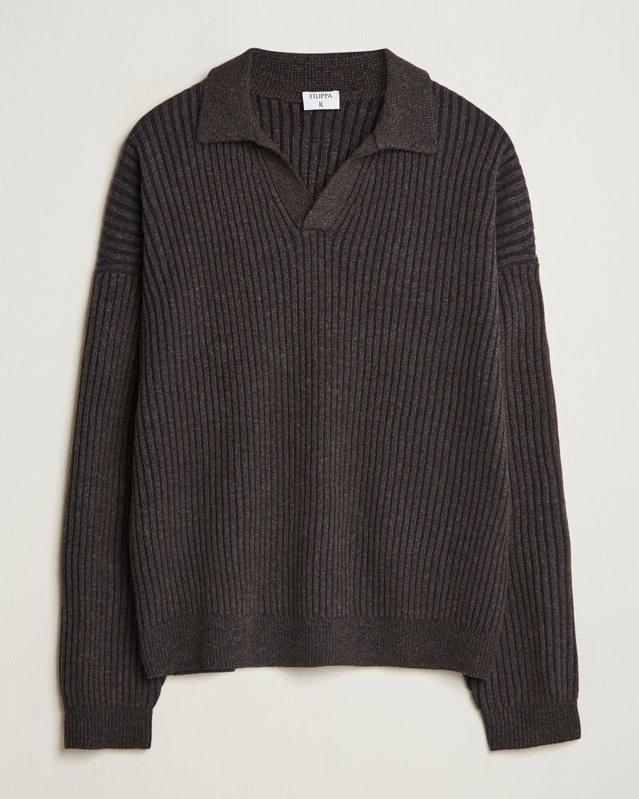 Hombres | Jerséis y prendas de punto | Filippa K | Rib Knitted Polo Shirt Mocha/Navy