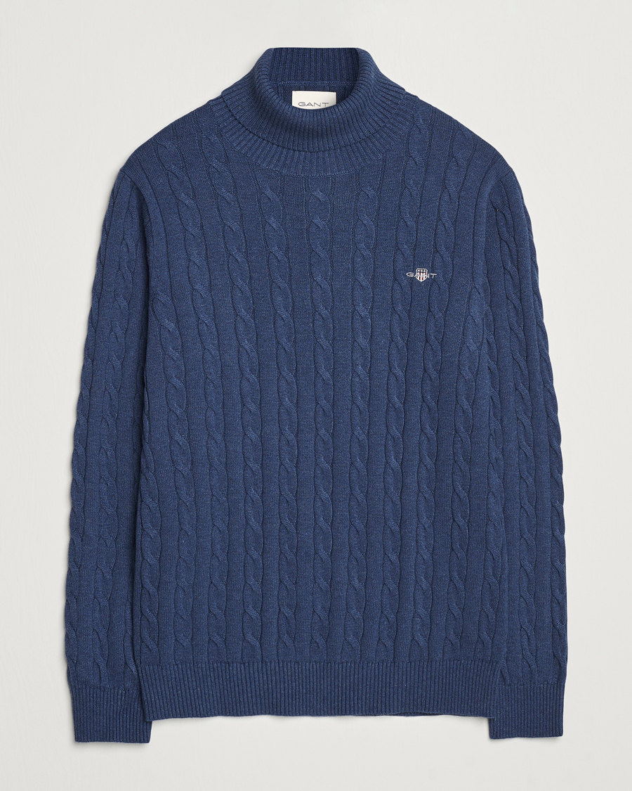 Hombres | Jerséis y prendas de punto | GANT | Cotton Cable Turtle Neck Dark Jeans Blue Melange