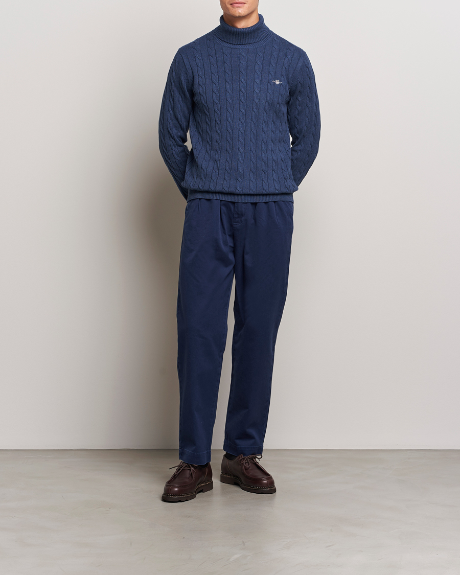 Hombres | Jerséis y prendas de punto | GANT | Cotton Cable Turtle Neck Dark Jeans Blue Melange