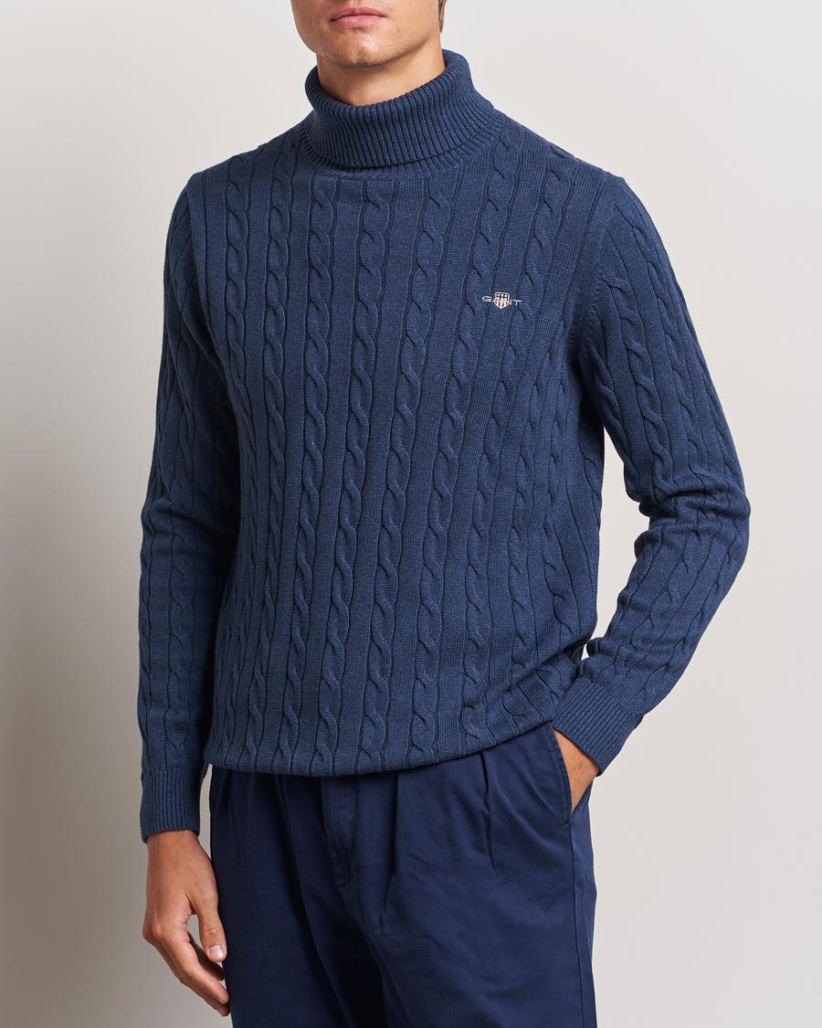 Hombres | Jerséis y prendas de punto | GANT | Cotton Cable Turtle Neck Dark Jeans Blue Melange