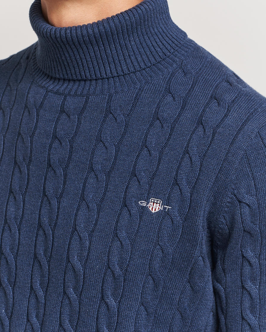 Hombres | Jerséis y prendas de punto | GANT | Cotton Cable Turtle Neck Dark Jeans Blue Melange
