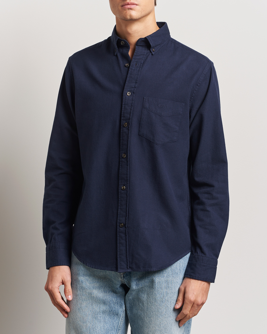 Hombres | Camisas | GANT | Regular Herringbone Flannel Shirt Evening Blue