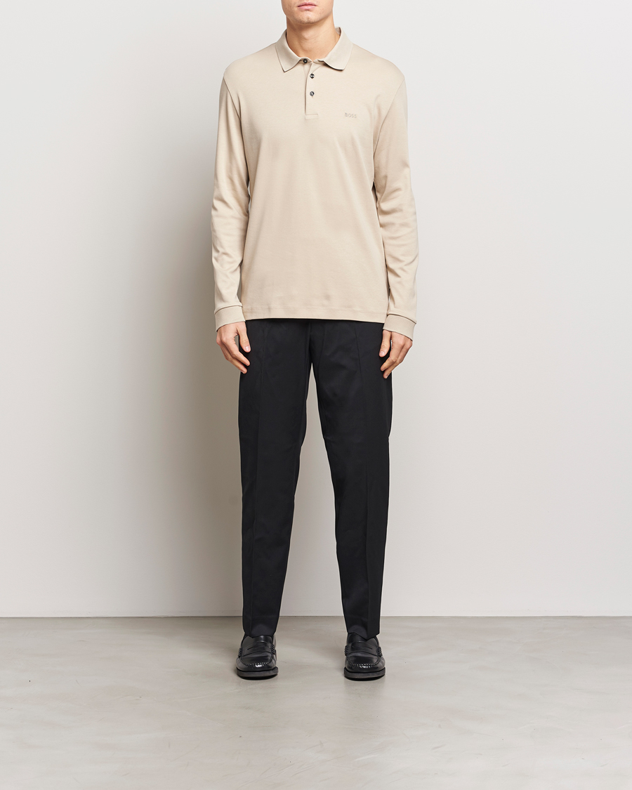 Hombres | Jerséis y prendas de punto | BOSS BLACK | Pado Mercerized Long Sleeve Polo Light Beige