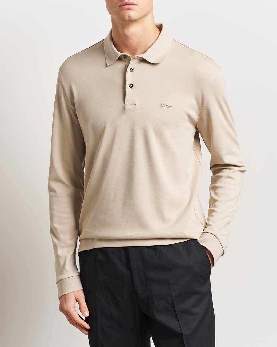 Hombres | Jerséis y prendas de punto | BOSS BLACK | Pado Mercerized Long Sleeve Polo Light Beige