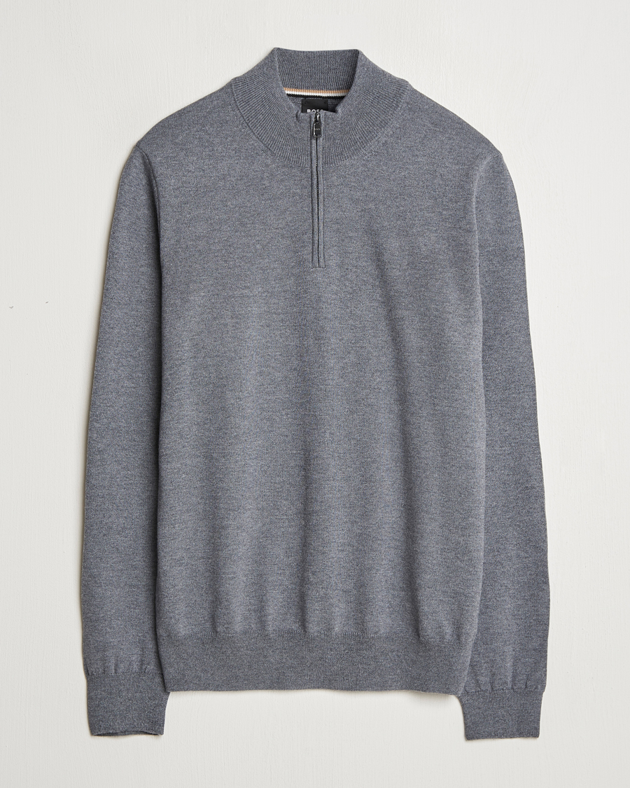 Hombres | Jerséis y prendas de punto | BOSS BLACK | Ebenji Merino Knitted Half Zip Medium Grey