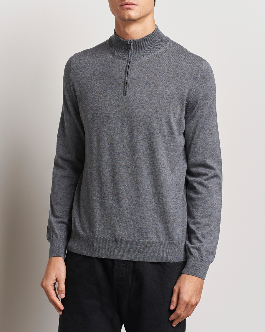Hombres | Jerséis y prendas de punto | BOSS BLACK | Ebenji Merino Knitted Half Zip Medium Grey
