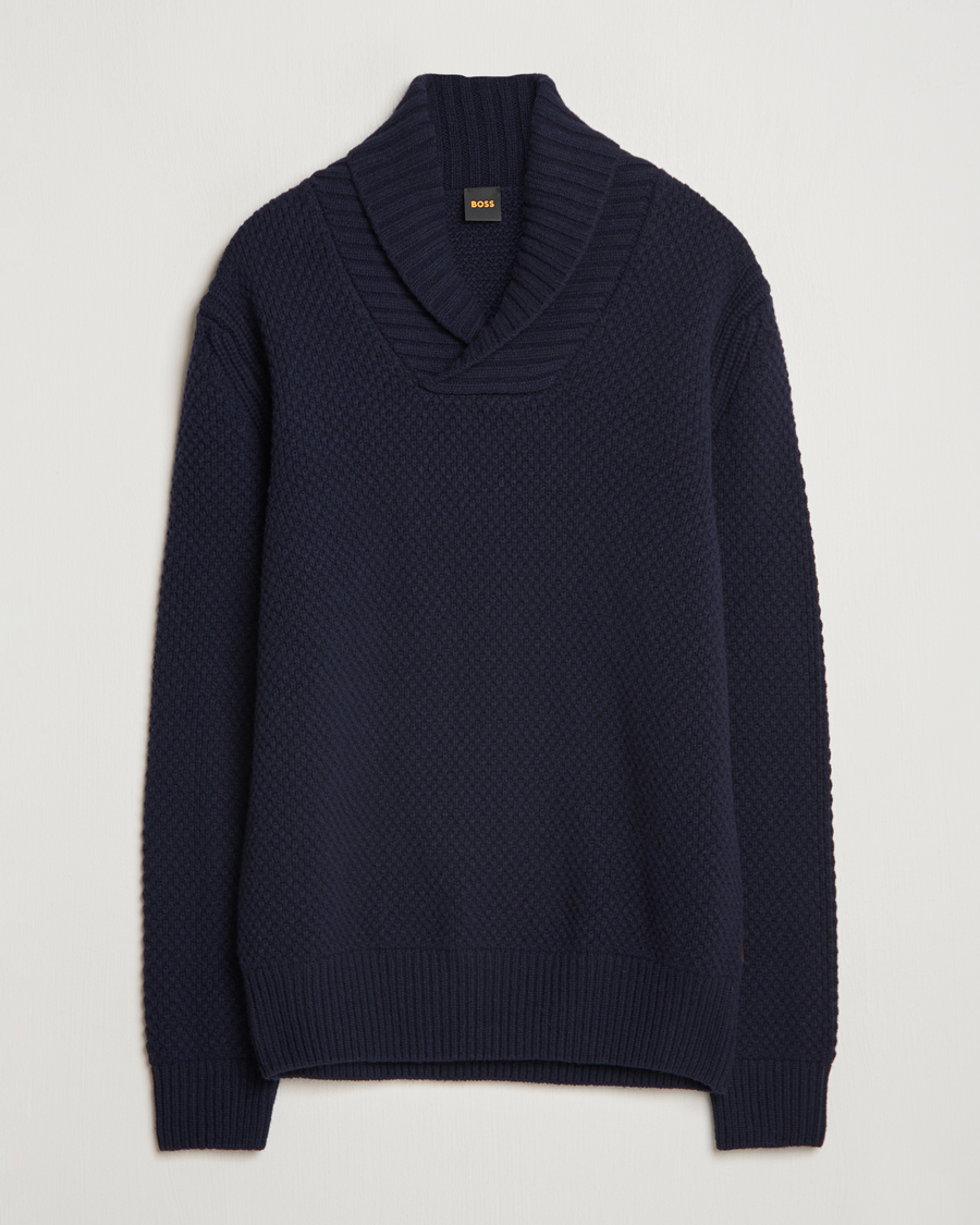 Hombres | Jerséis y prendas de punto | BOSS ORANGE | Amadon Knitted Shawl Collar Sweater Dark Blue