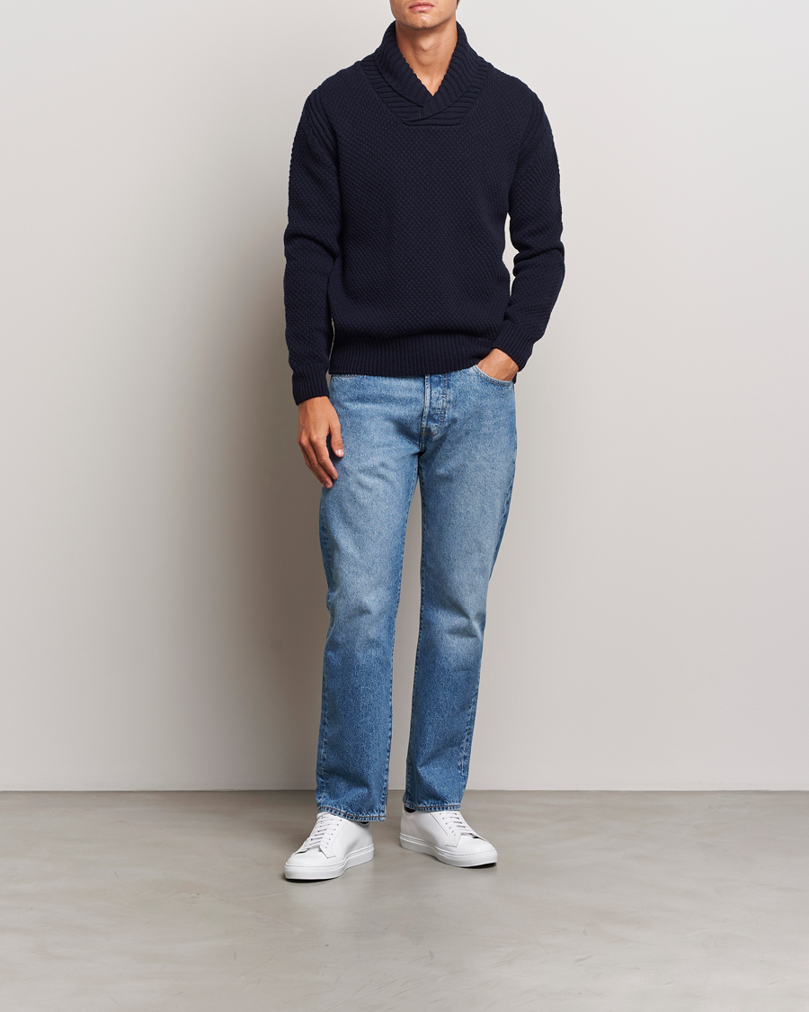 Hombres | Jerséis y prendas de punto | BOSS ORANGE | Amadon Knitted Shawl Collar Sweater Dark Blue