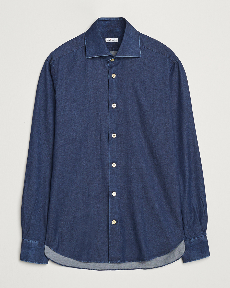 Hombres | Camisas | Kiton | Stretch Denim Cut Away Shirt Blue Indigo