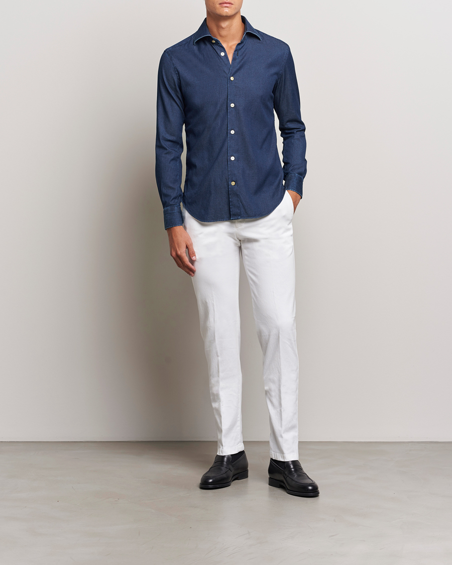 Hombres | Camisas | Kiton | Stretch Denim Cut Away Shirt Blue Indigo