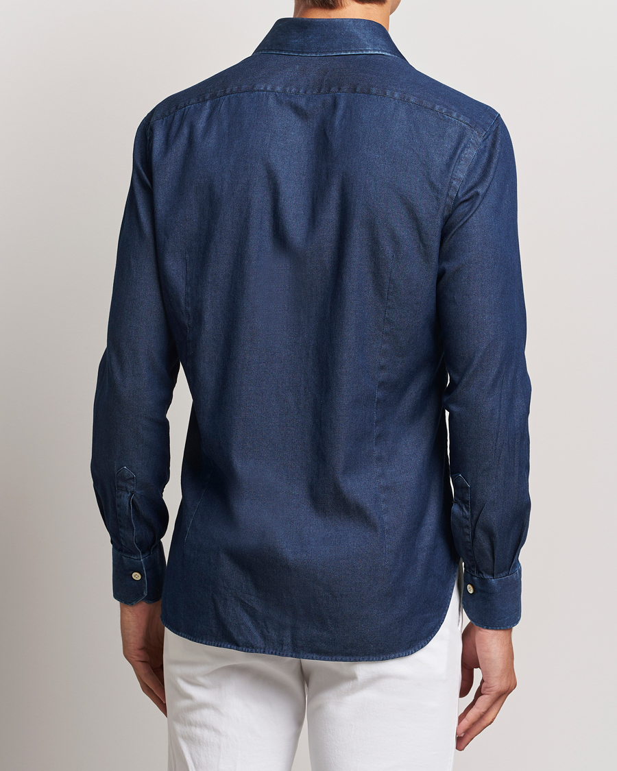 Hombres | Camisas | Kiton | Stretch Denim Cut Away Shirt Blue Indigo