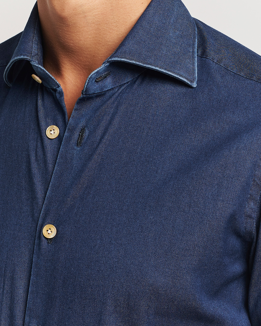 Hombres | Camisas | Kiton | Stretch Denim Cut Away Shirt Blue Indigo