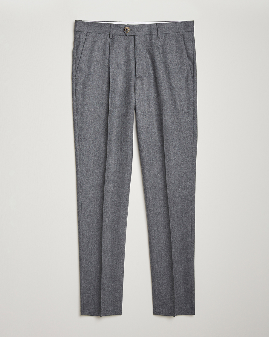 Hombres | Pantalones | Brunello Cucinelli | Slim Fit Pleated Flannel Trousers Grey Melange