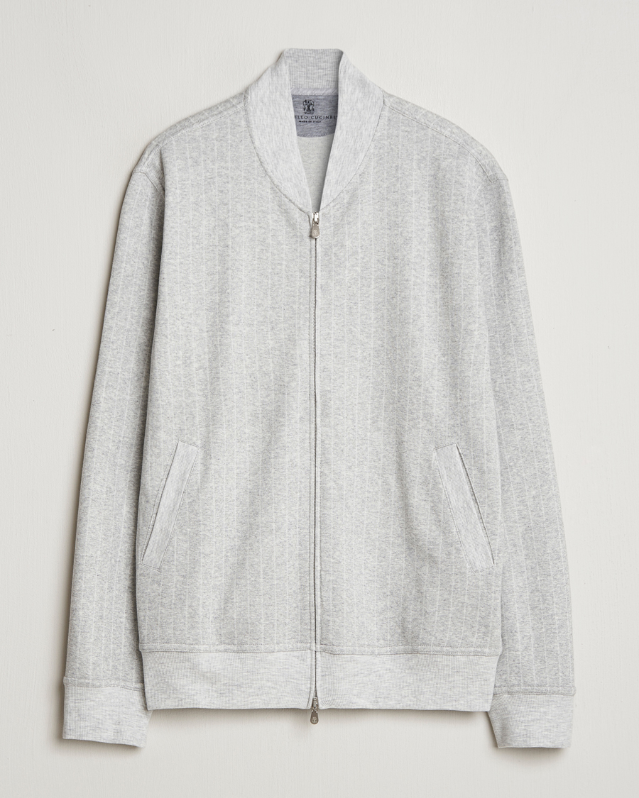 Hombres | Jerséis y prendas de punto | Brunello Cucinelli | Soft Pinstripe Full Zip Sweater Pearl Grey