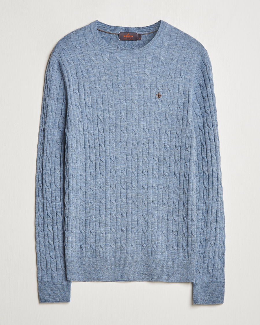 Hombres | Jerséis y prendas de punto | Morris | Merino Cable O-Neck Light Blue