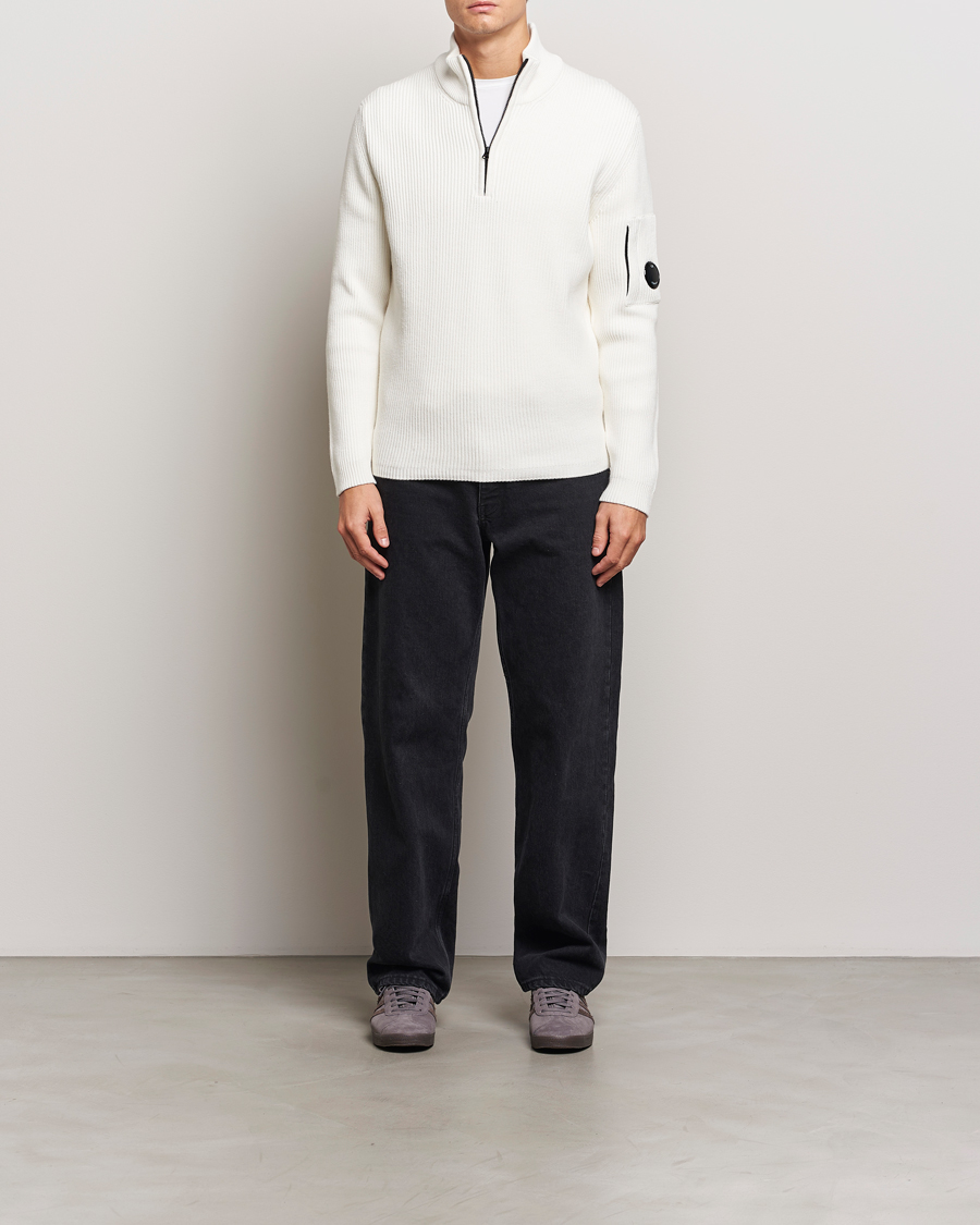 Hombres | Jerséis y prendas de punto | C.P. Company | Full Rib Knitted Cotton Half Zip Off White