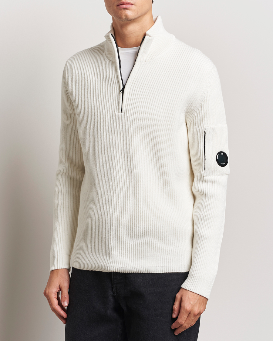 Hombres | Jerséis y prendas de punto | C.P. Company | Full Rib Knitted Cotton Half Zip Off White