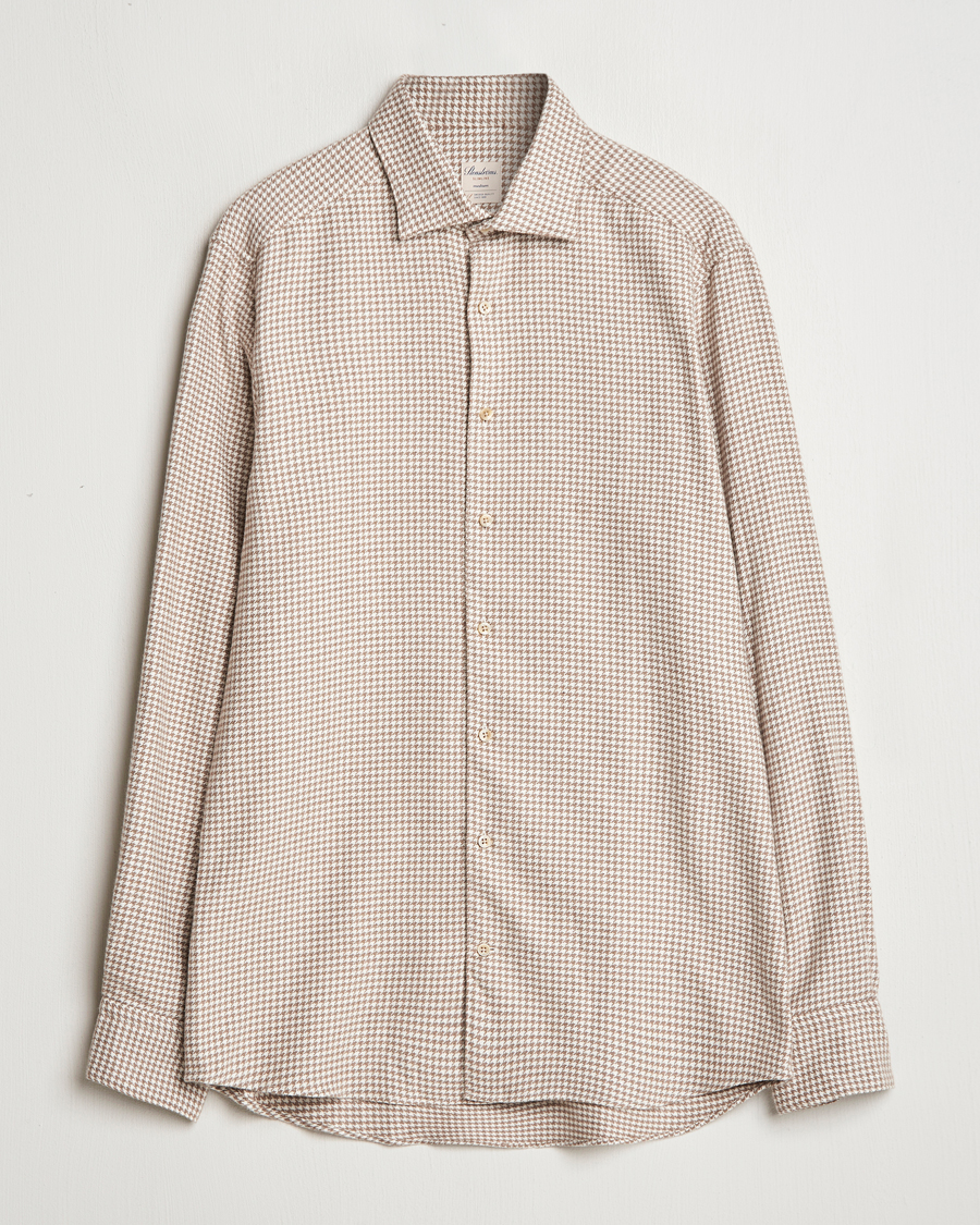 Hombres | Camisas | Stenströms | Slimline Flannel Houndstooth Shirt Light Brown