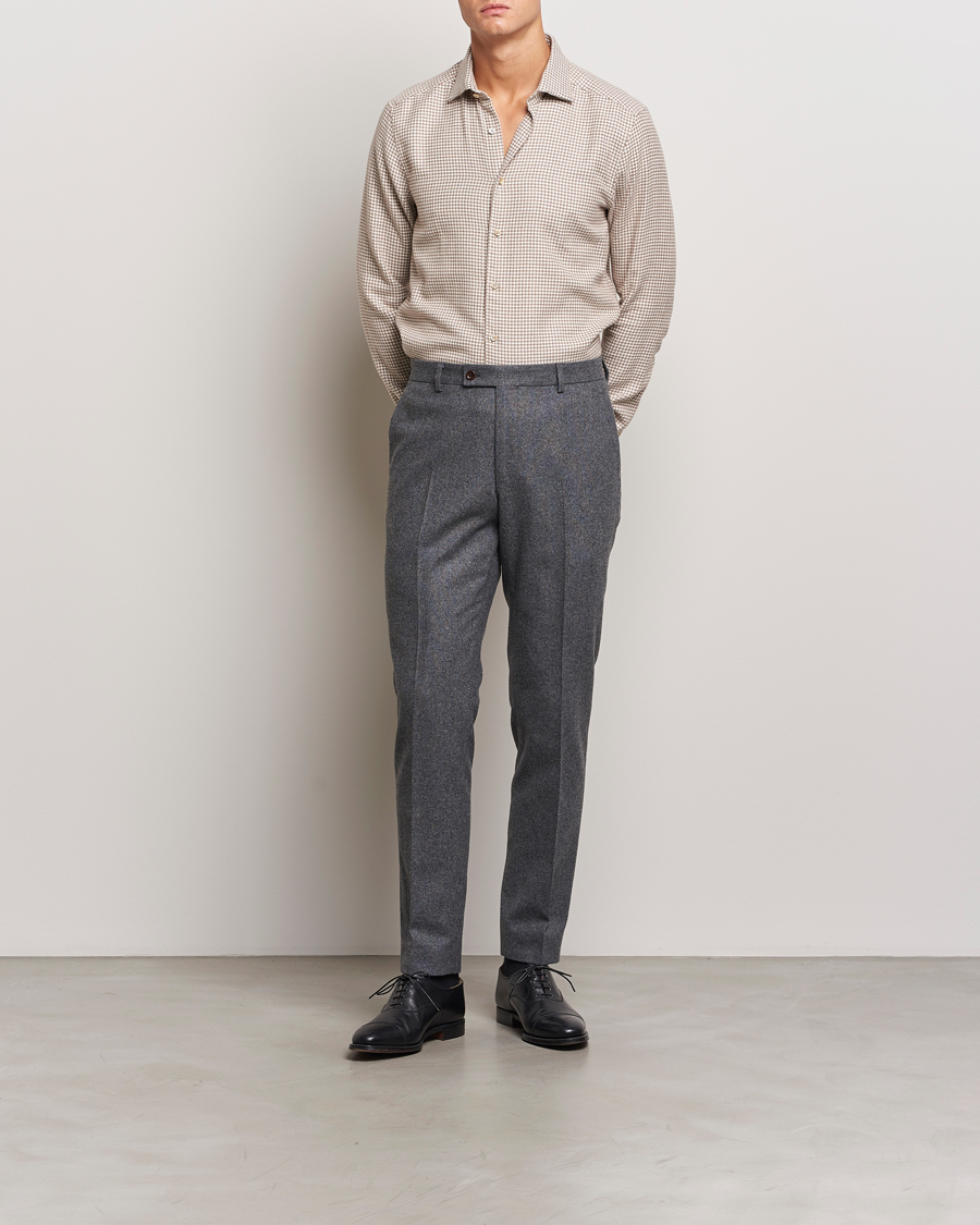 Hombres | Camisas | Stenströms | Slimline Flannel Houndstooth Shirt Light Brown