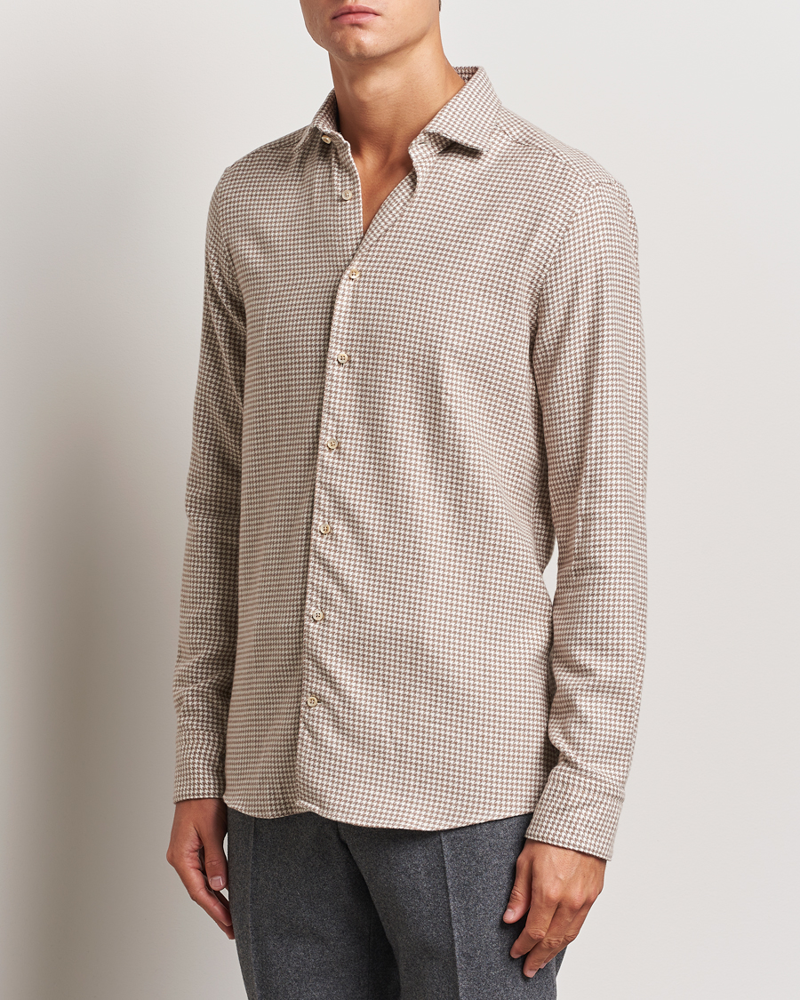 Hombres | Camisas | Stenströms | Slimline Flannel Houndstooth Shirt Light Brown