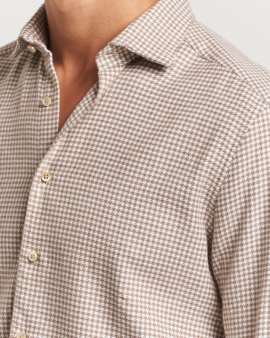 Hombres | Camisas | Stenströms | Slimline Flannel Houndstooth Shirt Light Brown