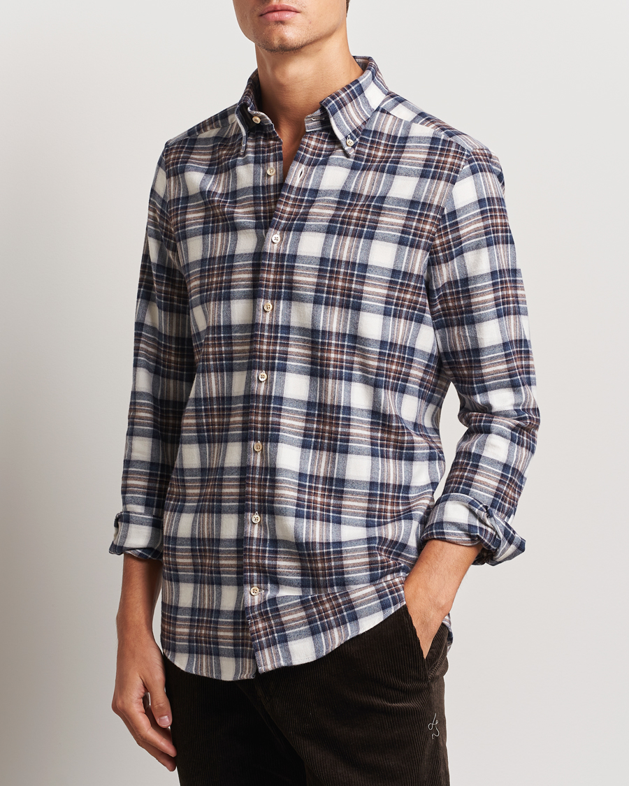 Hombres | Camisas | Stenströms | Slimline Flannel Big Checked Shirt Blue/Brown