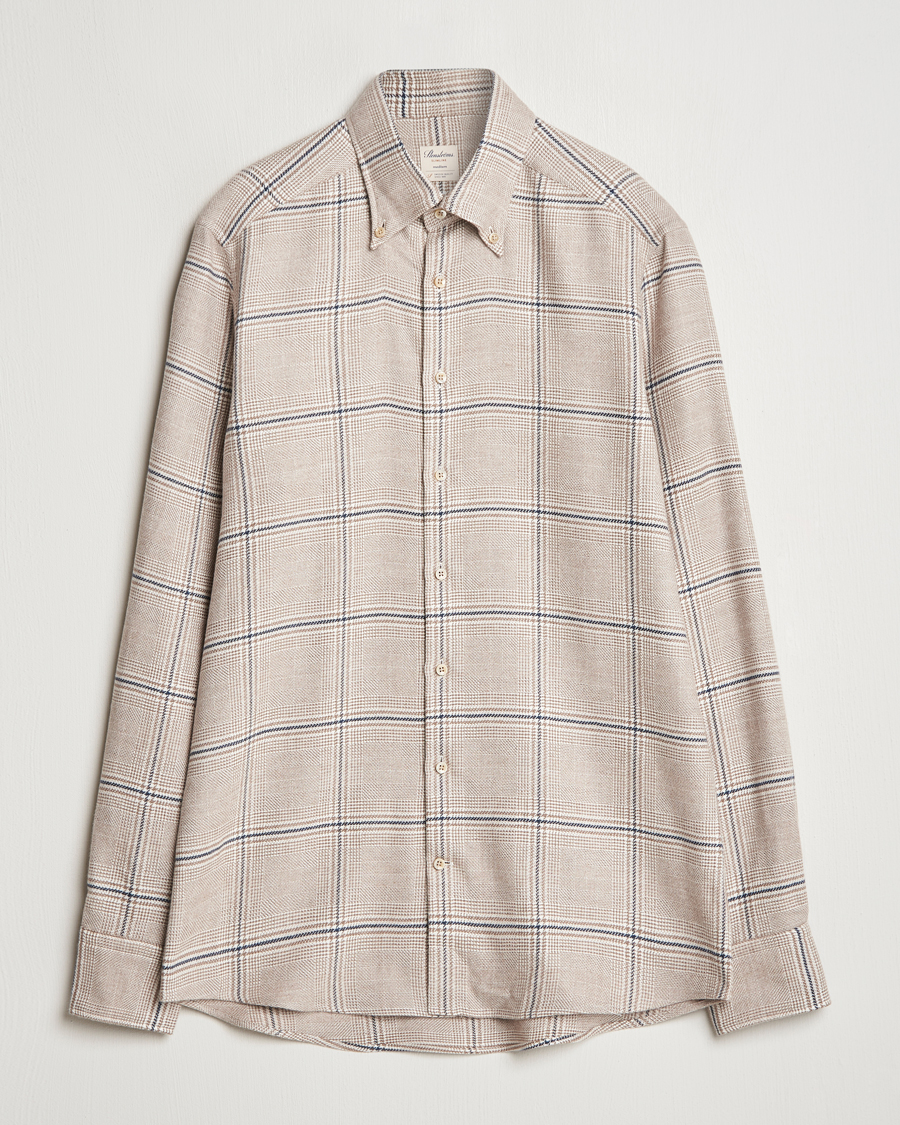 Hombres | Camisas | Stenströms | Slimline Flannel Overcheck Shirt Light Brown