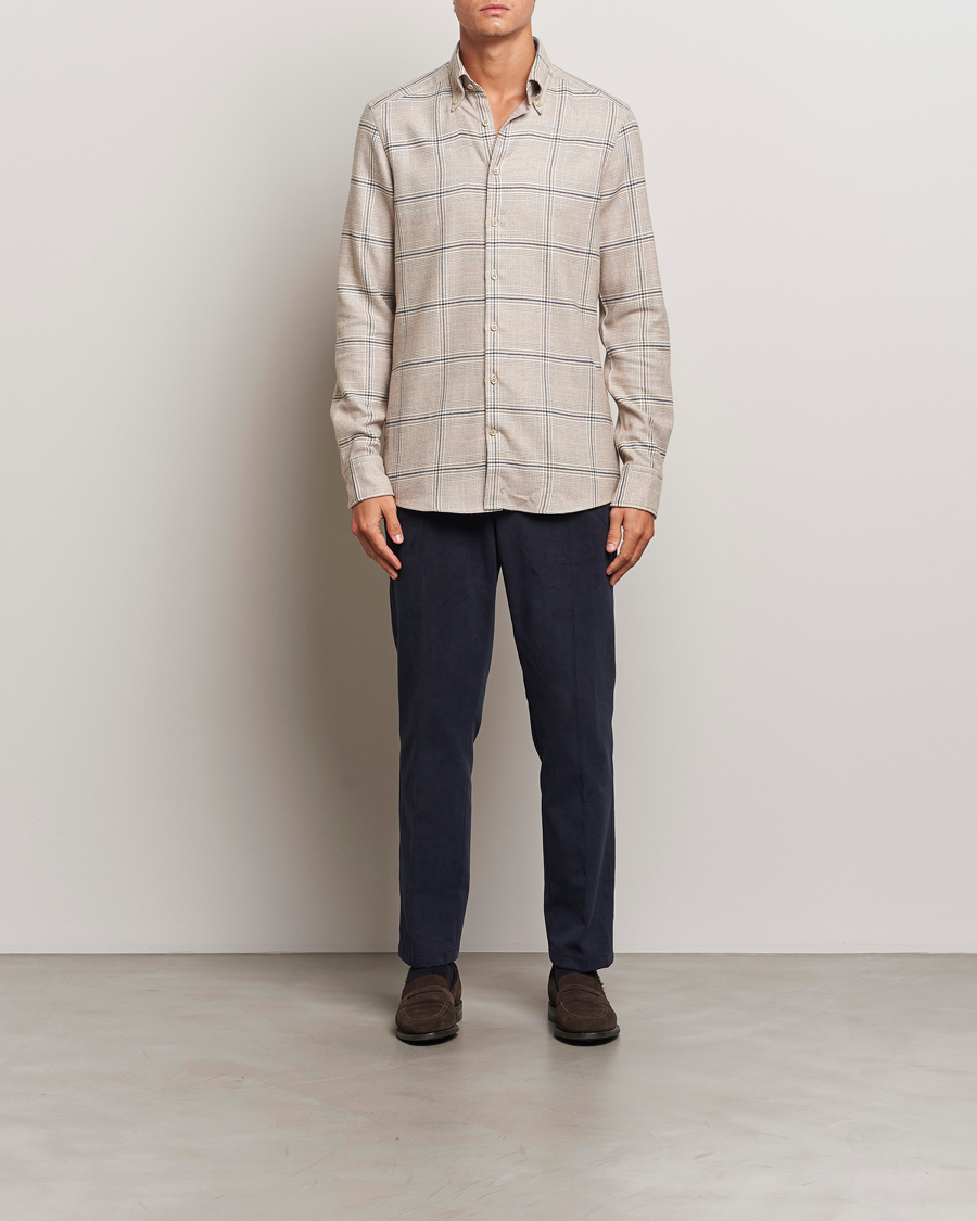 Hombres | Camisas | Stenströms | Slimline Flannel Overcheck Shirt Light Brown