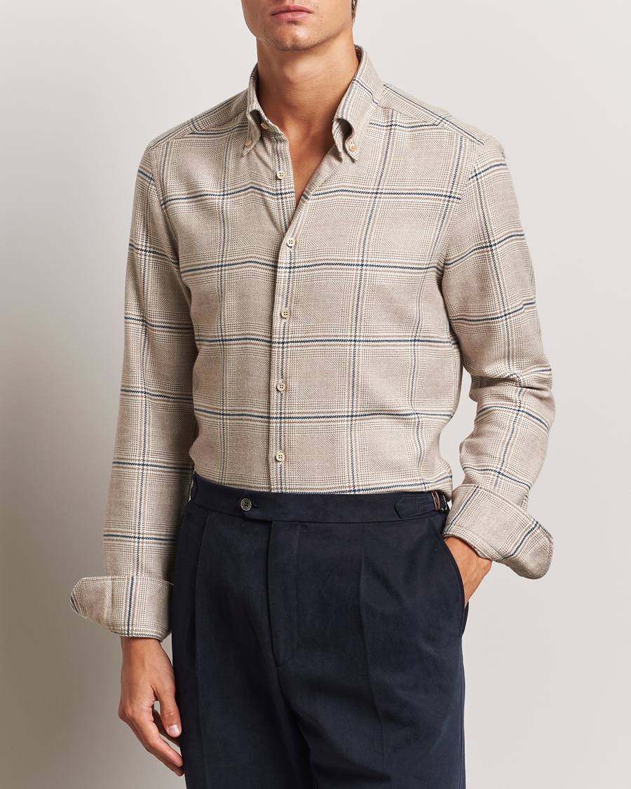 Hombres | Camisas | Stenströms | Slimline Flannel Overcheck Shirt Light Brown