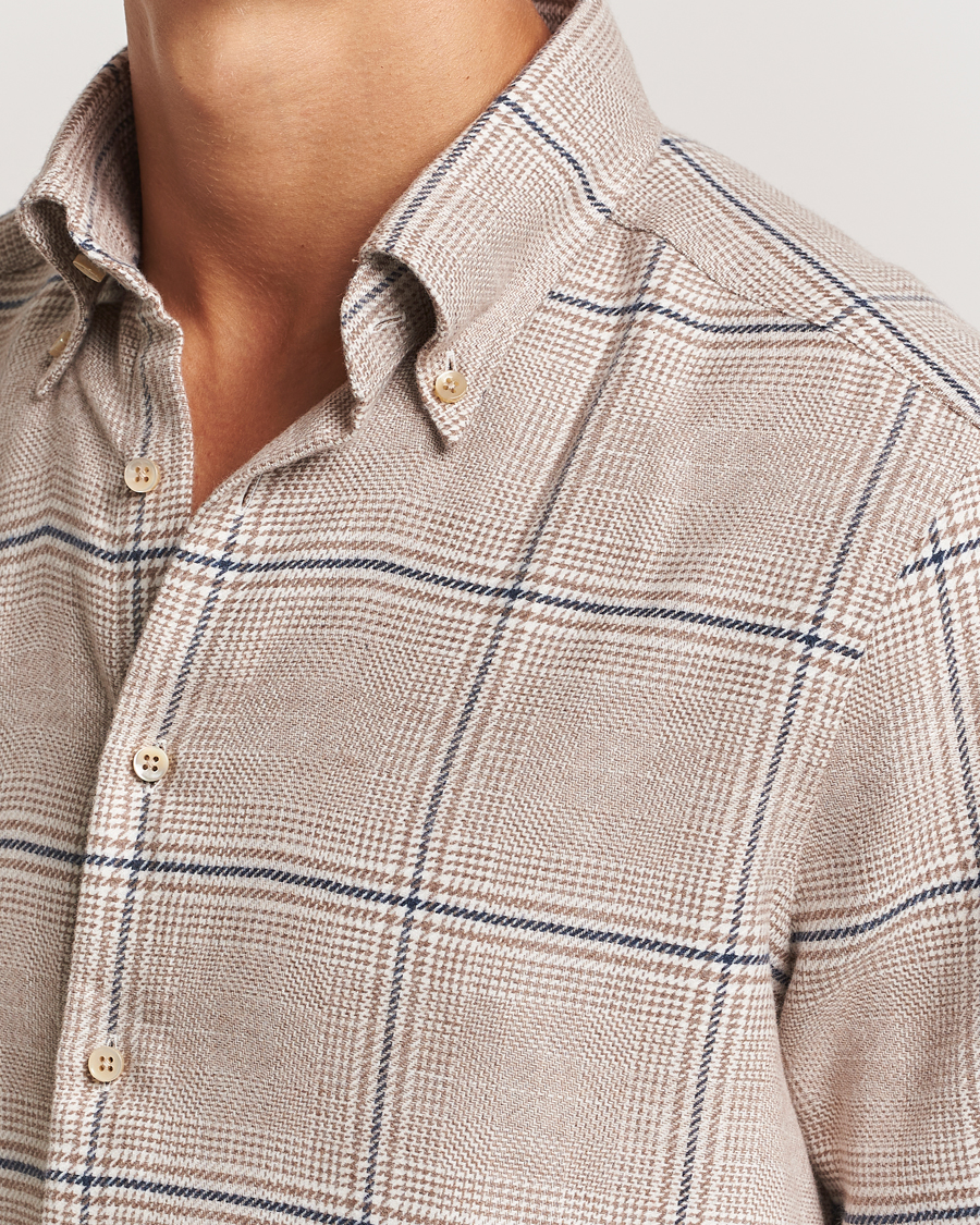 Hombres | Camisas | Stenströms | Slimline Flannel Overcheck Shirt Light Brown