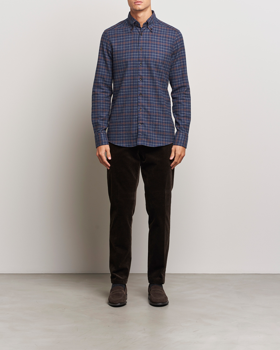 Hombres | Camisas | Stenströms | Slimline Small Check Flannel Shirt Dark Blue